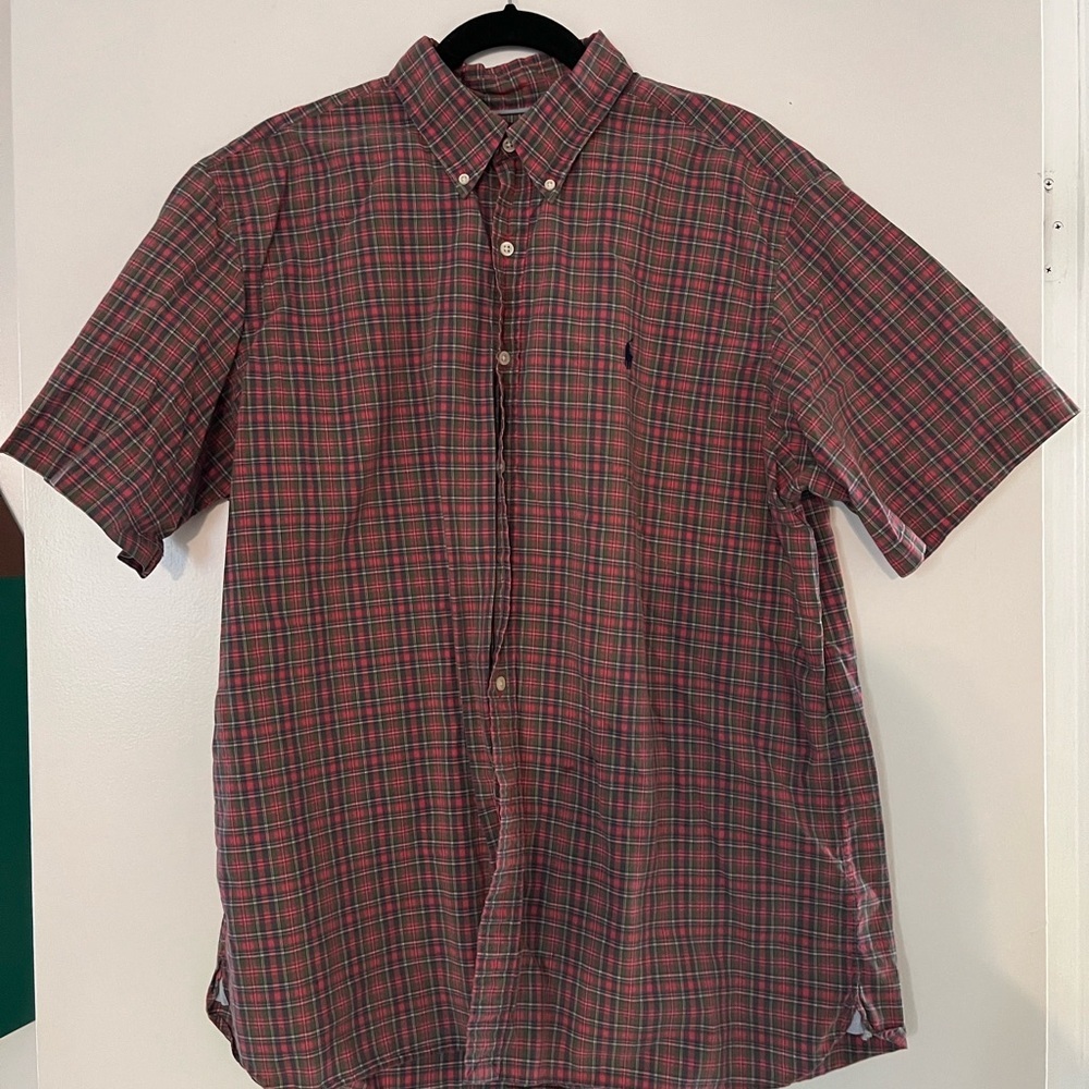 Ralph Lauren Blue Label Button Down Shirt Adult XL Green/Red  Plaid Short Sleeve